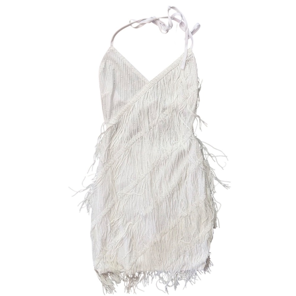 NWOT White Sequin Fringe Mini Dress V Neck Halter Gatsby Flapper Party Gown Sm - Picture 2 of 5